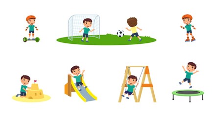 Little boy plays in the playground. Concept of summer entertainment. Child plays different summer games.  Sport and recreation. Cartoon character, flat vector illustration set.