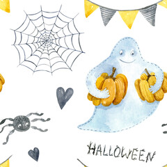 Watercolor pattern of cartoon elements: ghost with pumpkin, spider, spiderweb, bunting. Hand-drawn illustration isolated on the white background. Bright composition for design of halloween party.