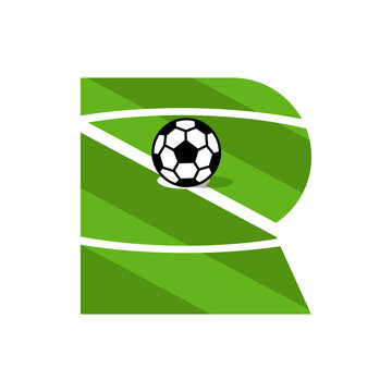 R letter football logo, soccer field with ball
