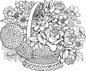 Basket with different flowers. Coloring page