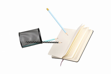 Office supplies stationery levitate over white background