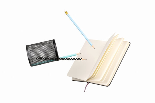 Office supplies stationery levitate over white background