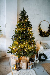 Christmas lights in the interior, Christmas tree with a garland, selective focus, blurred background, evening shooting, holiday atmosphere, picture with noise