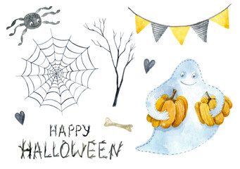 Watercolor set of cartoon elements: ghost with pumpkin, spider, tree, bunting, bone. Hand-drawn illustration isolated on the white background. Bright composition for design of halloween party.