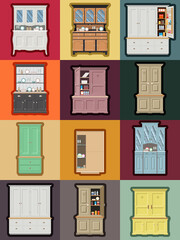 Set of Cupboards, Cabinets; Kitchen Lockers, Buffets. Various Styles and Colors, Isolated Set 