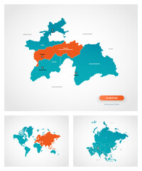 Editable template of map of Tajikistan with marks. Tajikistan on world map and on Asia map.