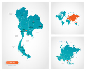 Editable template of map of Thailand with marks. Thailand on world map and on Asia map.