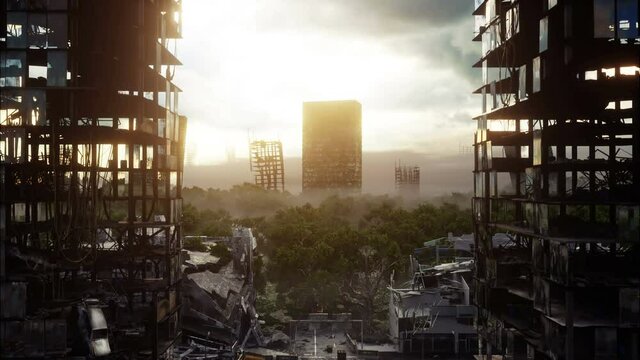 Apocalypse city in fog. Aerial View of the destroyed city. Apocalypse concept. Super realistic 4k animation.