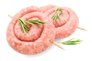 Sausage curled to barbecue with fresh rosemary plant isolated on white