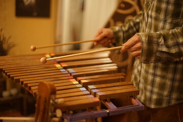 The hands of a musician holding two wooden sticks and playing the xylophone.