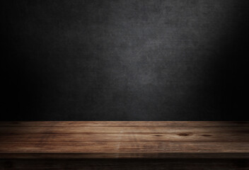 Empty wooden table on abstract black wall in dark room background 3d illustration.