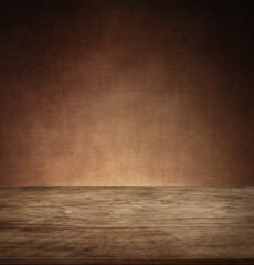 Old wood table top and dark wall with lighting brown background 3d illustration.