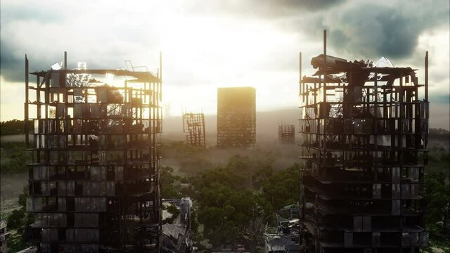 Apocalypse city in fog. Aerial View of the destroyed city. Apocalypse concept. Super realistic 4k animation.