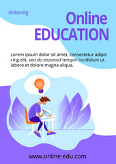 Vertical poster Education online template. E-learning classes advertising. Student is doing homework. Symbol of insight and  idea. Home schooling concept. Stock vector flat modern illustration.