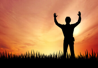 silhouette the strong man with beautiful sky background