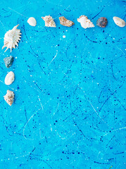 Fototapeta na wymiar Set of seashells and stones on a beautiful blue background. Place for the inscription. Postcard.