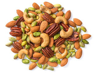 unsalted mixed nuts isolated on white background, top view