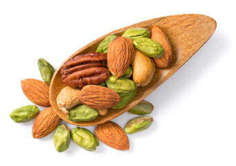 unsalted mixed nuts in the wooden spoon, isolated on white background, top view
