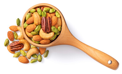 unsalted mixed nuts in the wooden spoon, isolated on white background, top view