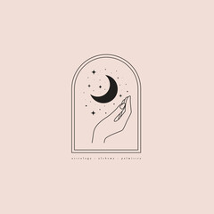 Mystical composition with hand, stars, and crescent on a light background. Boho style and esoterics. Ethnic magic and astrological symbols. Vector illustration.