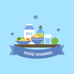 Sharing food to people. Foos donation concept. Rice dish, noodles, fruit and drink in flat design vector illustration on white background. Time for charity.