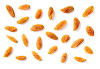 yellow raisins isolated on white background, top view