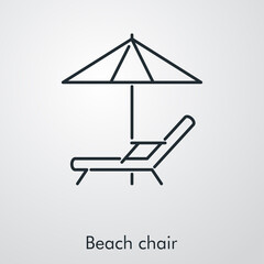 Concepto de vacaciones y viajes. Icono plano lineal silla de playa con sombrilla en fondo gris