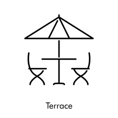 Terraza de café en la calle. Icono plano lineal sombrilla con mesa y sillas en color negro