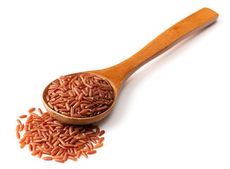 raw red rice in the wooden spoon, isolated on white background