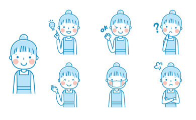エプロンの女性上半身（ブルー系）　表情ポーズセット　イラスト