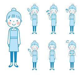エプロン姿の女性全身（ブルー系）　表情ポーズセット　イラスト