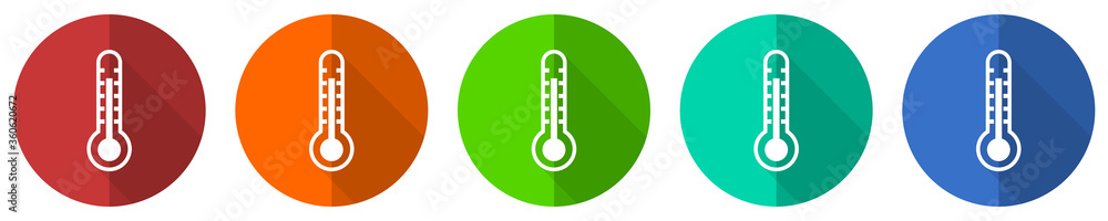Poster thermometer icon set, red, blue, green and orange flat design web buttons isolated on white backgrou
