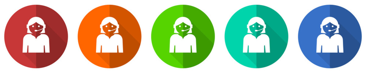 Call center icon set, red, blue, green and orange flat design web buttons isolated on white background, vector illustration