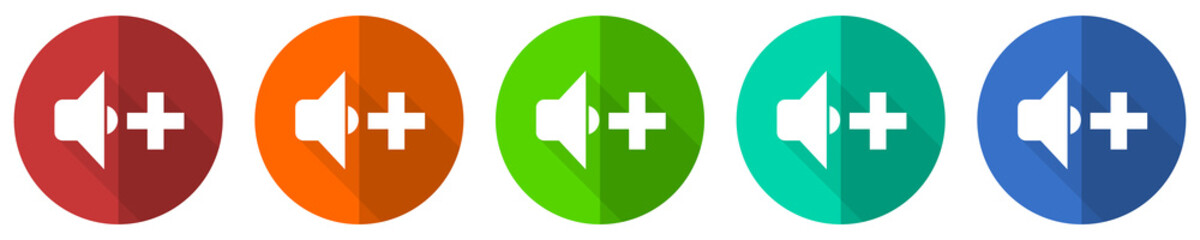 Fototapeta premium Speaker volume icon set, red, blue, green and orange flat design web buttons isolated on white background, vector illustration