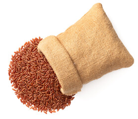 raw red rice in the sack, isolated on white background, top view