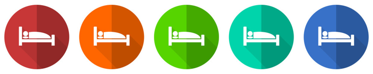 Hotel icon set, red, blue, green and orange flat design web buttons isolated on white background, vector illustration