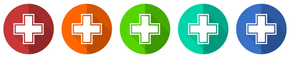 Pharmacy icon set, red, blue, green and orange flat design web buttons isolated on white background, vector illustration