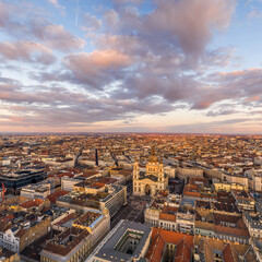 Aerial drone shot of St. Stephen Basilica during Budapest sunset hour in winter
