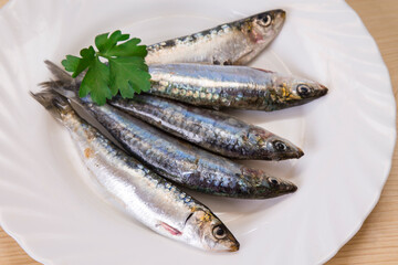 fish, fresh sardines on the plate