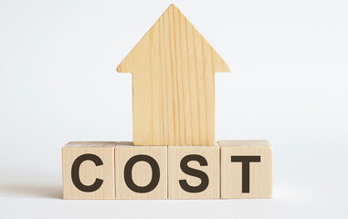 Wooden blocks with the word COST , house. The concept of the high cost of rent for an apartment or...