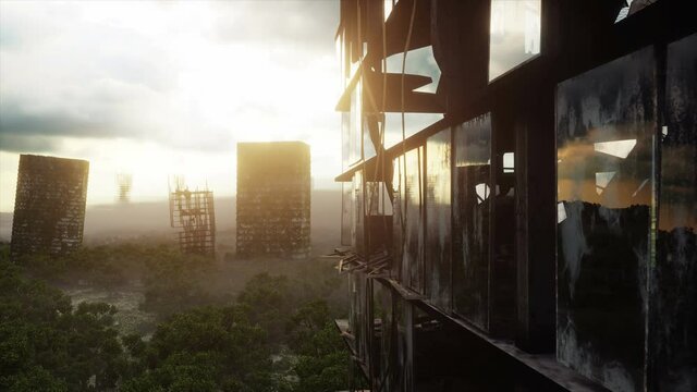 Apocalypse city in fog. Aerial View of the destroyed city. Apocalypse concept. Super realistic 4k animation.