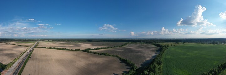 panorama of living fields against a cloudy sky