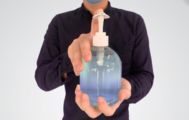 Man using hand sanitizer gel potect covid 19. 