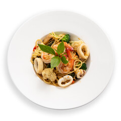 Spaghetti seafood Thai herb in white plate on white background.