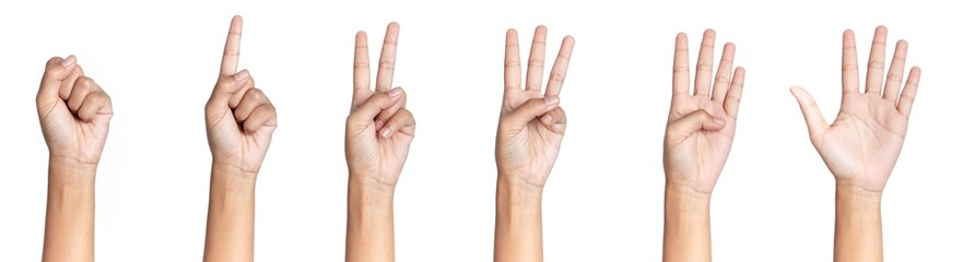 five fingers count signs isolated on white background with Clipping path included. Communication gestures concept