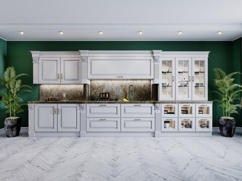 A classic kitchen with white furniture and green walls and a white floor with a ceiling, a kitchen island and a bar counter with three chairs.