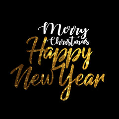 merry christmas and happy new year greeting card, golden lettering, vector illustration
