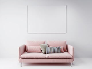 white horizontal empty mock-up picture frame on white wall, above scandinavian pink sofa, 3D background concept illustration