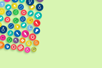 Social icons on a green background. Copy space. Social networking concept. Communications. Communication