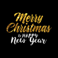 merry christmas and happy new year greeting card, golden lettering, vector illustration
